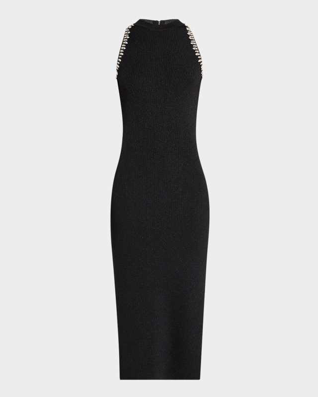 Izel Crystal Halter Ribbed Midi Dress